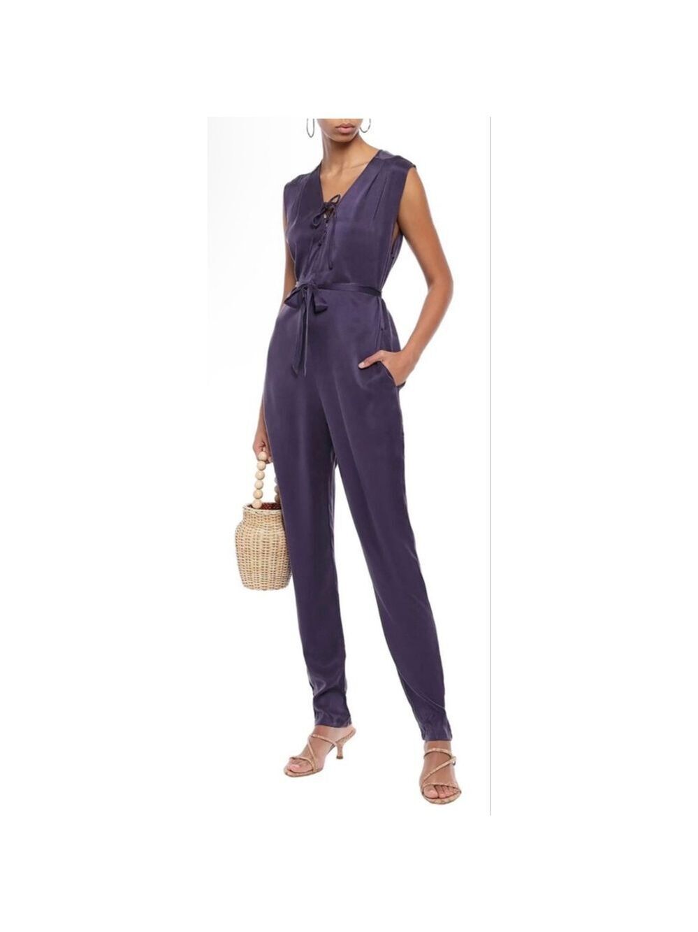 NWT Eres Purple 100% Washed-Silk Lace-Up Jumpsuit M